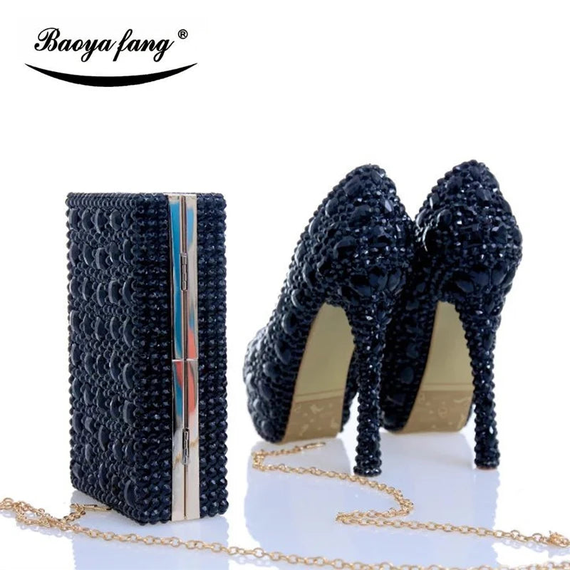 Luxury Black Crystal Wedding Shoes Set with Matching Bags Woman Fashion Diamonds Shoes 8CM-11CM-14CM High Heels Platform Plus Size Ladies Luxury Fashion Apparel Accessories Clothing Supplies