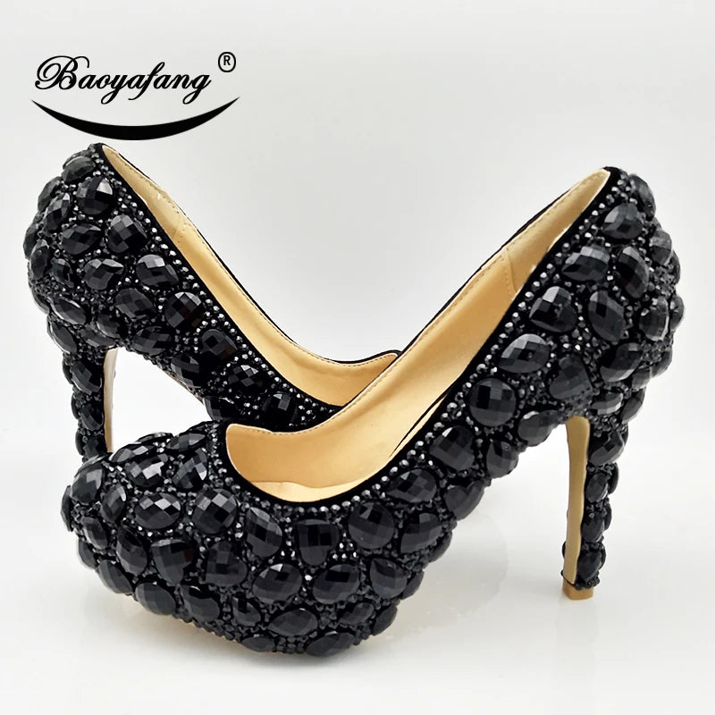 Luxury Black Crystal Wedding Shoes Set with Matching Bags Woman Fashion Diamonds Shoes 8CM-11CM-14CM High Heels Platform Plus Size Ladies Luxury Fashion Apparel Accessories Clothing Supplies