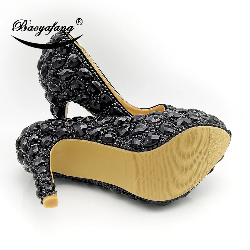 Luxury Black Crystal Wedding Shoes Set with Matching Bags Woman Fashion Diamonds Shoes 8CM-11CM-14CM High Heels Platform Plus Size Ladies Luxury Fashion Apparel Accessories Clothing Supplies