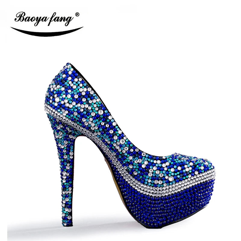 NEW Luxury Royal Blue Mix Silver Crystal Wedding Shoes Sets with Matching Bags Women High Pumps Round Toe Evening Party Night Business Dinner Shoes Female Ladies Luxury Fashion Apparel Accessories Clothing Products