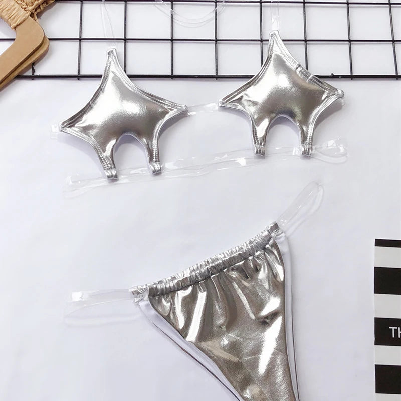 NEW Arrivals Pink/Rose/Silver Sexy Stars Micro Bikini 2025 Women Thong Swimwear Female Transparent Bandeau Swimsuit 2PCS Set Bikini Set Brazilian Bathing Suit Ladies Girls Sexy Beach Wear