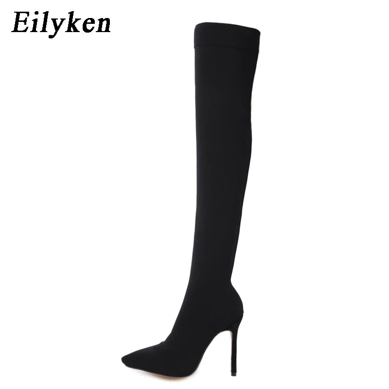 Fashion Woman Stretch Fabric Sock Boots Over the Knee Thigh High Heel Pointed Toe Female Booties Size 35-42