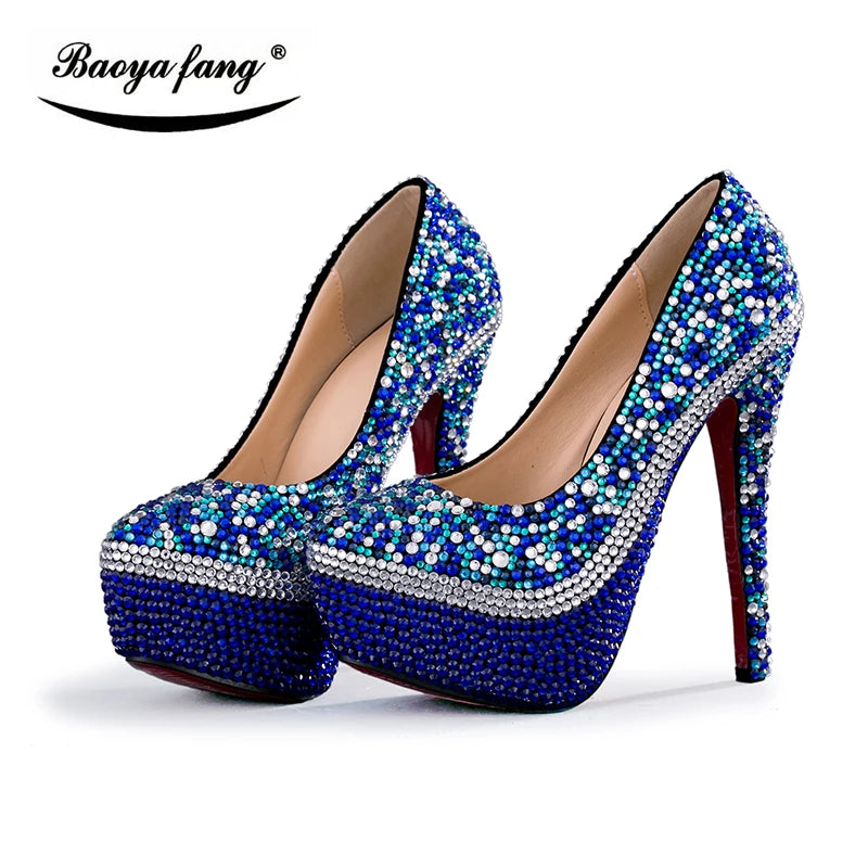 NEW Luxury Royal Blue Mix Silver Crystal Wedding Shoes Sets with Matching Bags Women High Pumps Round Toe Evening Party Night Business Dinner Shoes Female Ladies Luxury Fashion Apparel Accessories Clothing Products