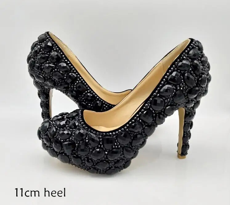 Luxury Black Crystal Wedding Shoes Set with Matching Bags Woman Fashion Diamonds Shoes 8CM-11CM-14CM High Heels Platform Plus Size Ladies Luxury Fashion Apparel Accessories Clothing Supplies
