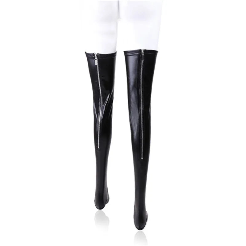 Women Sexy Latex Zipper Stockings Lady's Black PVC Pole Dance Leather Erotic Clubwear Length Over Knee High Stockings