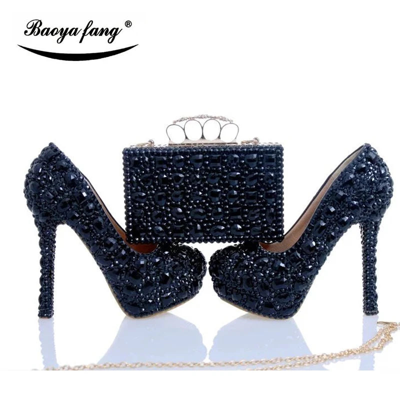 Luxury Black Crystal Wedding Shoes Set with Matching Bags Woman Fashion Diamonds Shoes 8CM-11CM-14CM High Heels Platform Plus Size Ladies Luxury Fashion Apparel Accessories Clothing Supplies