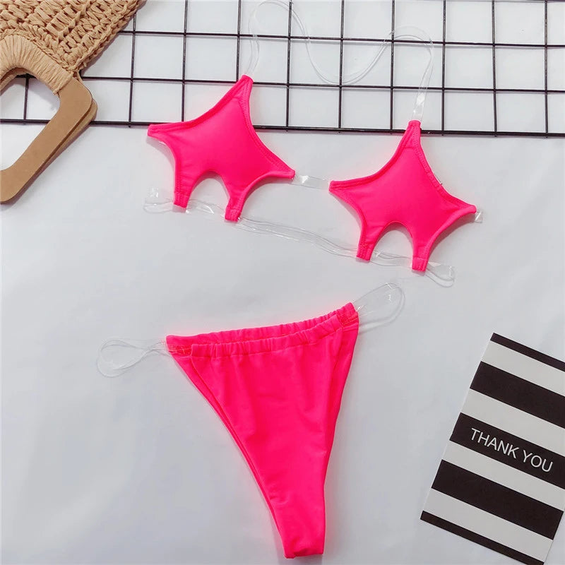 NEW Arrivals Pink/Rose/Silver Sexy Stars Micro Bikini 2025 Women Thong Swimwear Female Transparent Bandeau Swimsuit 2PCS Set Bikini Set Brazilian Bathing Suit Ladies Girls Sexy Beach Wear