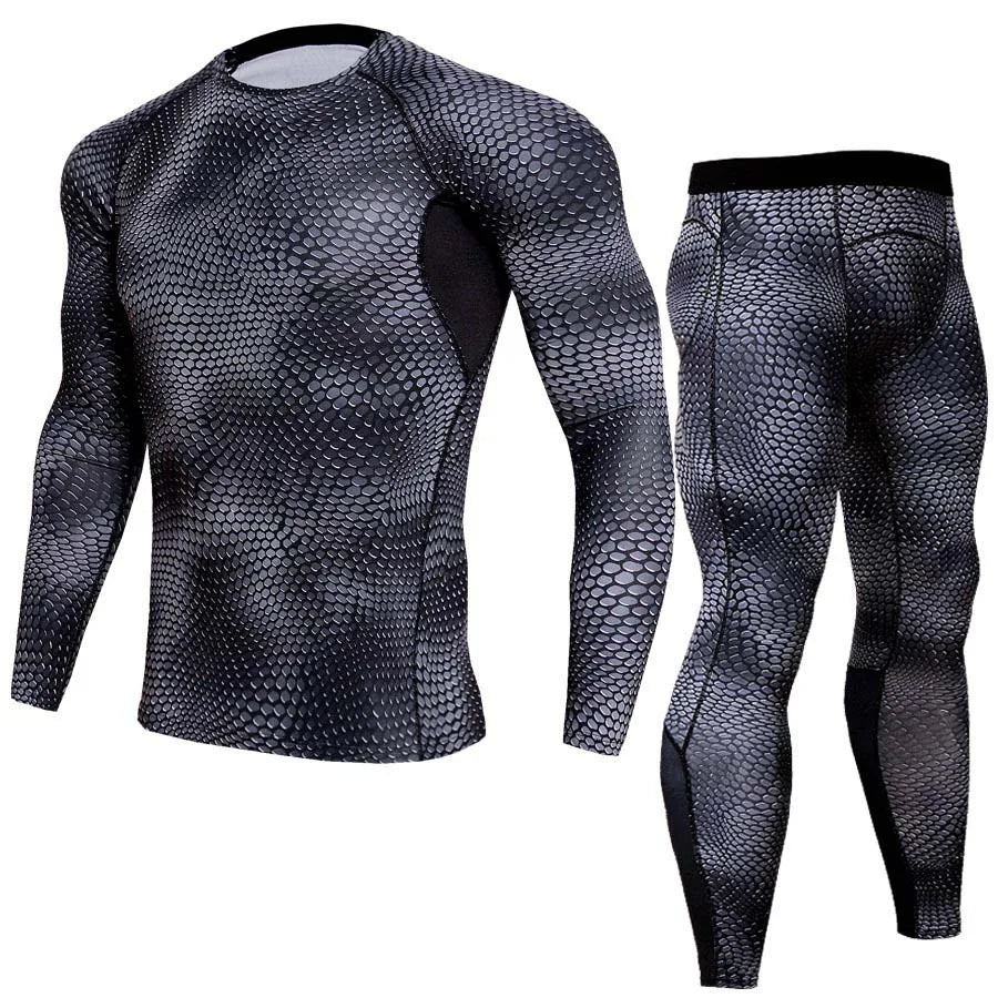 NEW 2PCS Set 5 Colors MMA 3D Thermal Underwear Men Compression Thermal Long Sleeve T Shirt Men Fitness Bodybuilding Skin Tight Leggings Outdoor Gym Cycling Sports Clothing Supplies