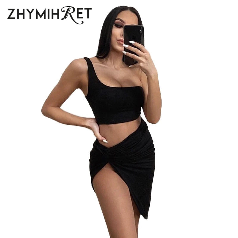 BRAND NEW 2 PCS Set 4 Colors Sexy One Shoulder Crop Tops Rushed Dress Women Neon Color Sexy Side Split Summer Beach Ladies Suit