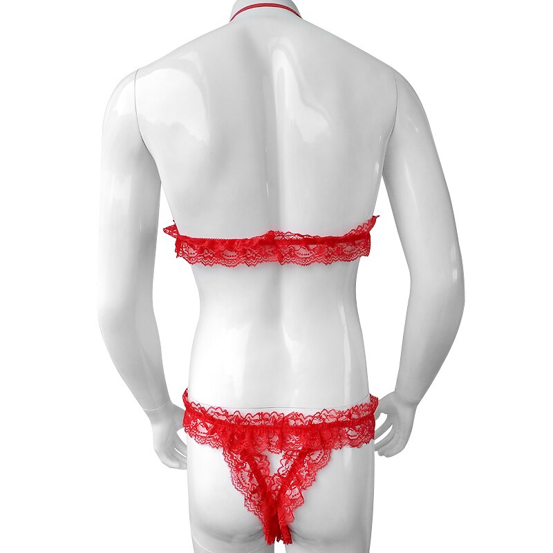Gay Men Soft Ruffles Lace Sissy Sexy Lingerie Set Underwear Hollow out Exotic Apparel Erotic Bra Top Set with Jockstrap