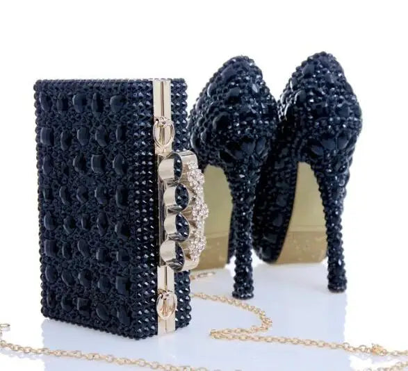 Luxury Black Crystal Wedding Shoes Set with Matching Bags Woman Fashion Diamonds Shoes 8CM-11CM-14CM High Heels Platform Plus Size Ladies Luxury Fashion Apparel Accessories Clothing Supplies