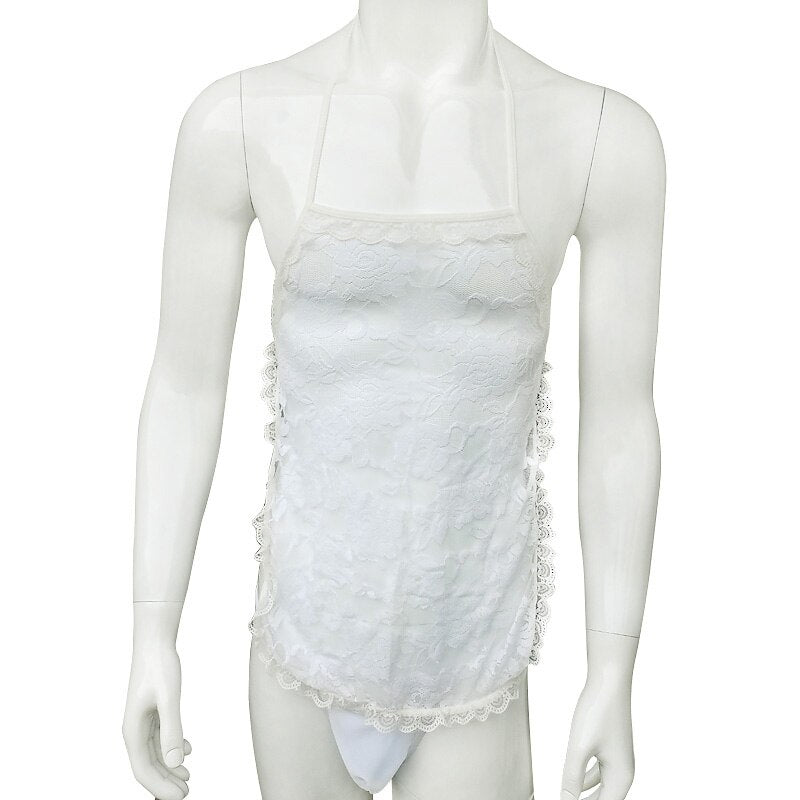 Sexy Lace Gay Mens Sissy Lingerie Set Exotic Sets See Thru Apparel Underwear Nightwear Adjustable Tops with Thong Sleepwear