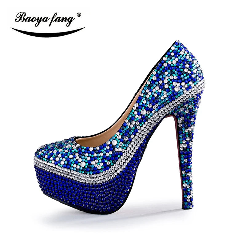 NEW Luxury Royal Blue Mix Silver Crystal Wedding Shoes Sets with Matching Bags Women High Pumps Round Toe Evening Party Night Business Dinner Shoes Female Ladies Luxury Fashion Apparel Accessories Clothing Products