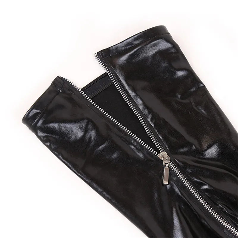 Women Sexy Latex Zipper Stockings Lady's Black PVC Pole Dance Leather Erotic Clubwear Length Over Knee High Stockings