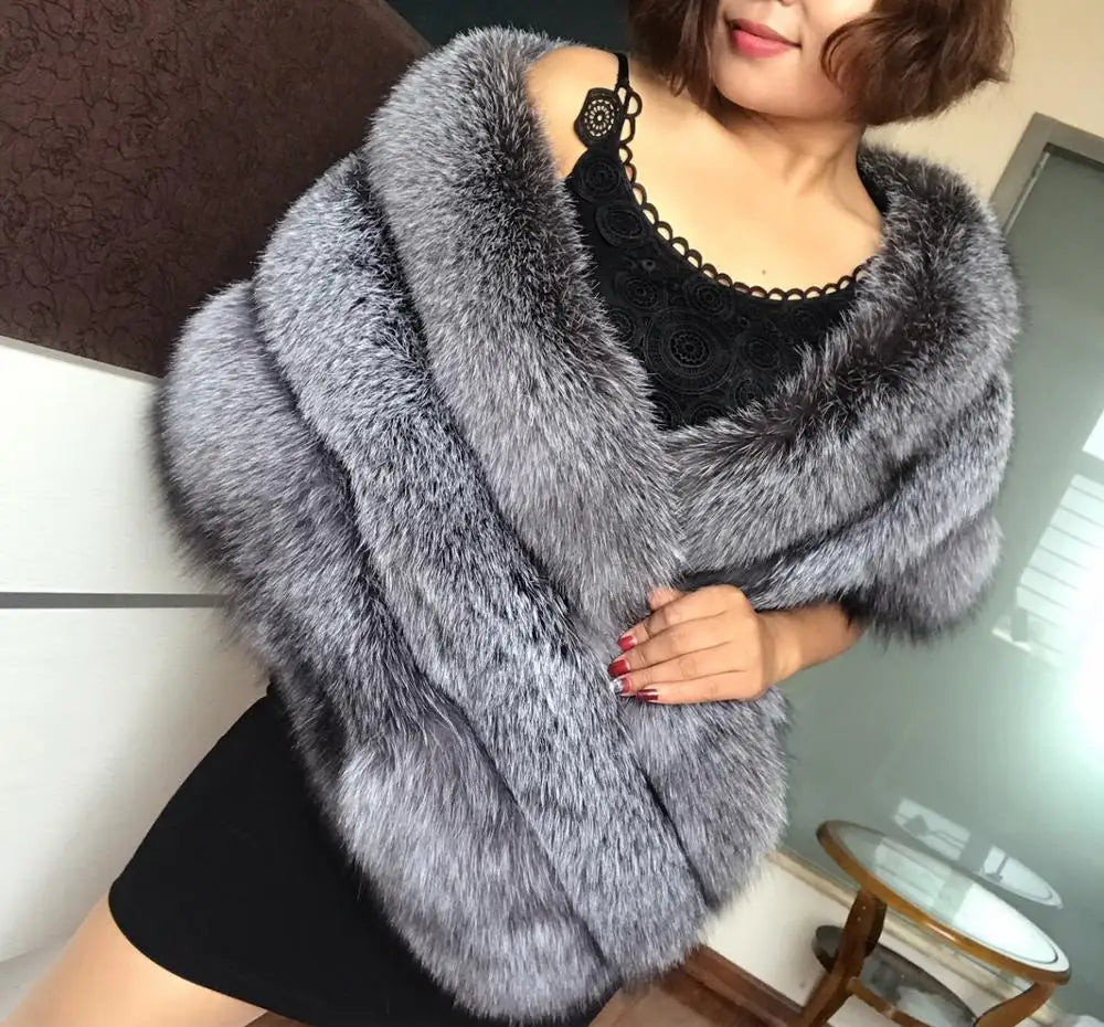 Silver Fox/Gray/White Color New Fashion Lady Luxury Natural Silver Fox Fur Wraps Warmer Genuine Fox Fur Neck Natural Real Fur Coat Women Luxury Apparel Accessories