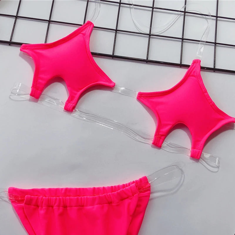 NEW Arrivals Pink/Rose/Silver Sexy Stars Micro Bikini 2025 Women Thong Swimwear Female Transparent Bandeau Swimsuit 2PCS Set Bikini Set Brazilian Bathing Suit Ladies Girls Sexy Beach Wear