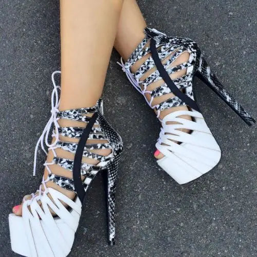Women Platform Sandals Sexy Snakeskin Stiletto High Heels Sandals Peep Toe White Apricot Shoes Women US Plus Size 5-15