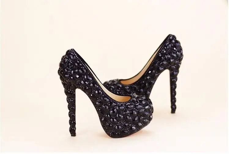 Luxury Black Crystal Wedding Shoes Set with Matching Bags Woman Fashion Diamonds Shoes 8CM-11CM-14CM High Heels Platform Plus Size Ladies Luxury Fashion Apparel Accessories Clothing Supplies