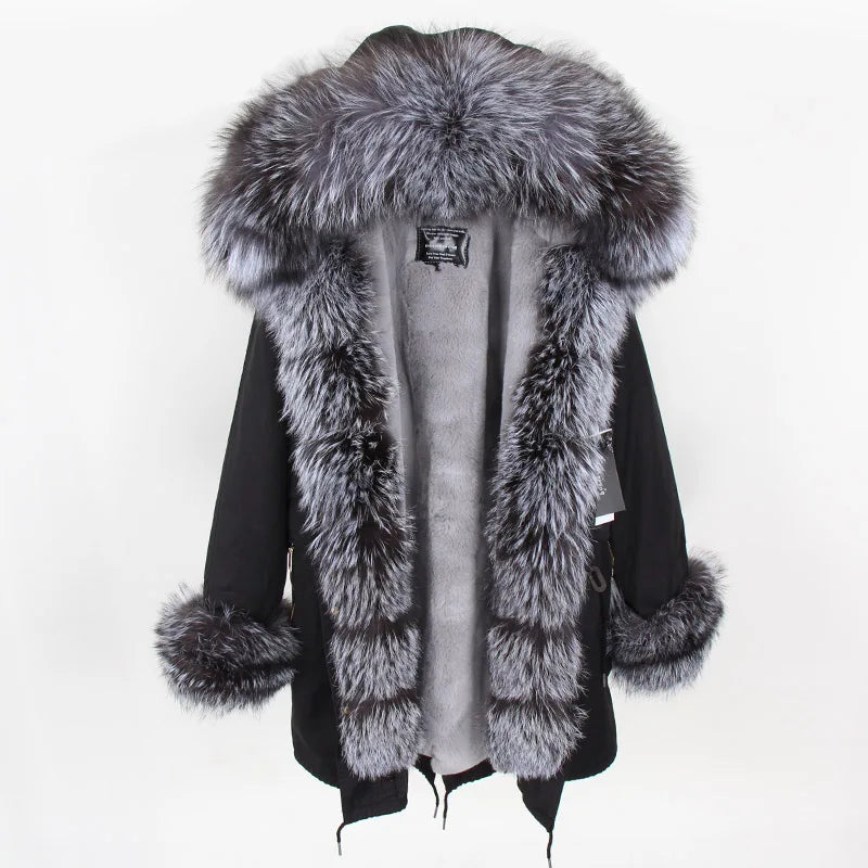 NEW Arrivals Winter Warm Snow Outerwear Women Female Natural Real Fox Fur Coats Real Fur Long Black Jacket Cotton Thick Coat Girls Casual Winter Luxury Fashion Clothing Products