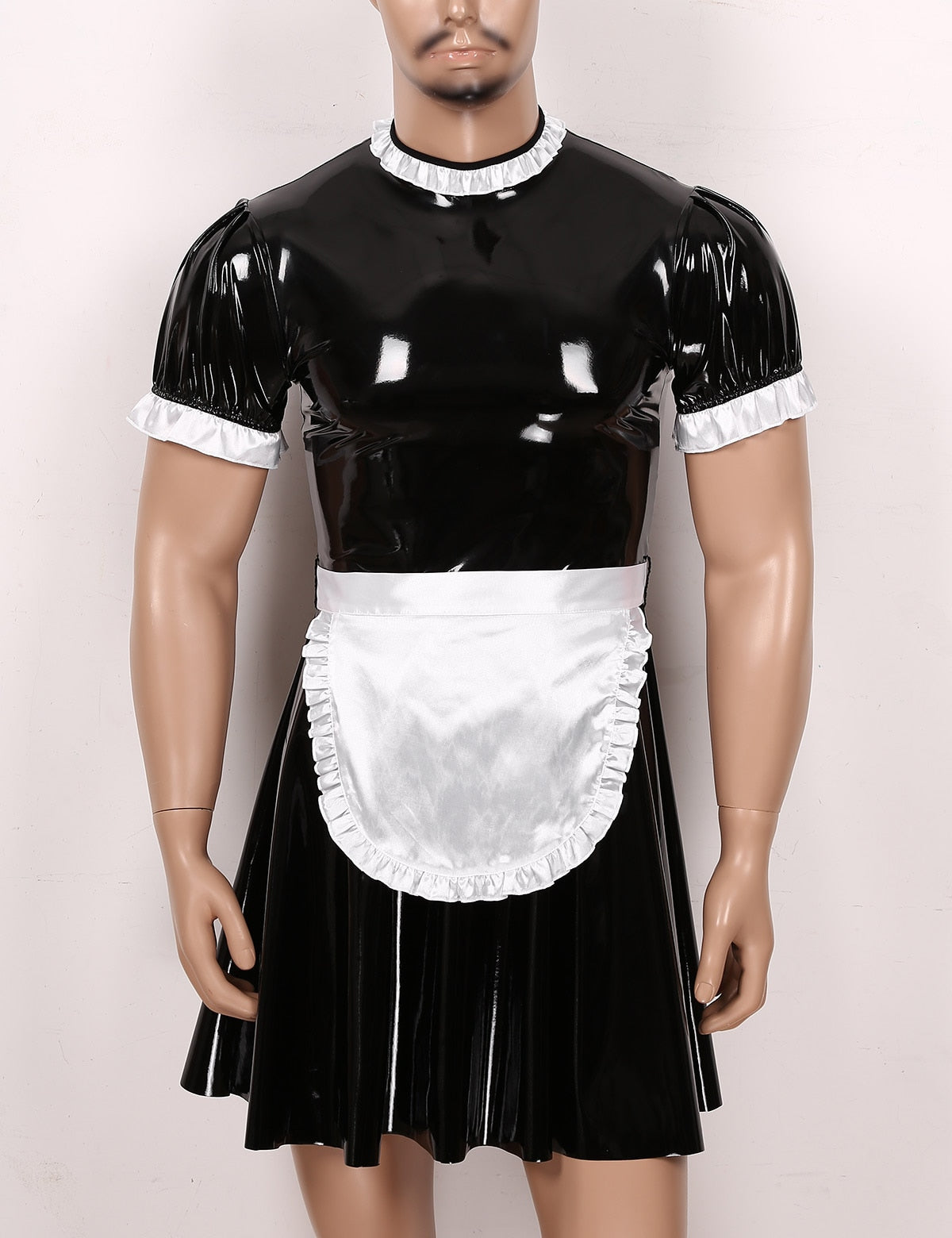 MSemis Men Male Sissy Maid Dress Cosplay Costume Clubwear Short Puff Sleeve Latex Maid Servant Uniform Flared Dress with Apron