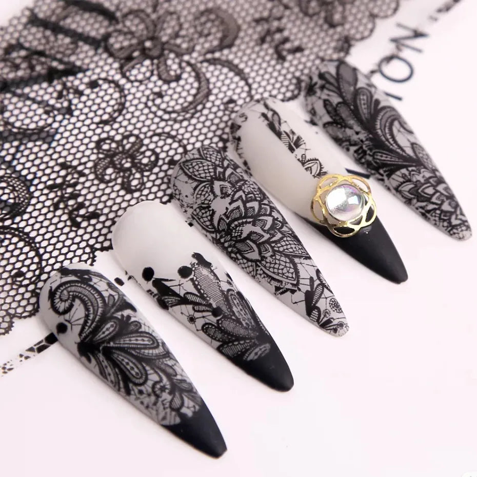 10 Rolls/Box White Black Lace Nail Art Foils Set Nail Transfer Sticker Paper DIY Manicure Nail Decoration Accessories