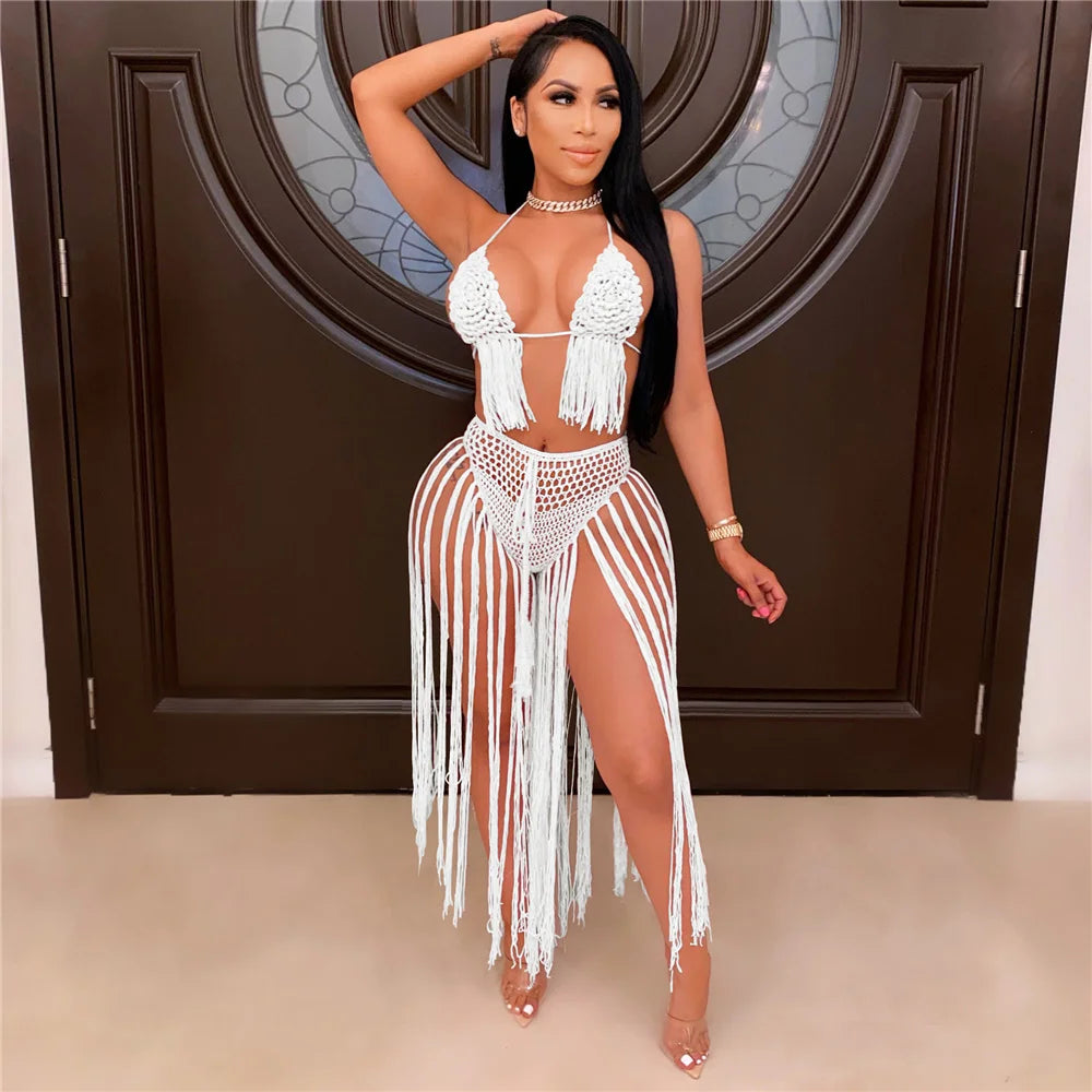 NEW 2PCS Set 5 Colors Sexy Knitted Swimwear Women Backless Crop Top and Tassel Long Skirts Sets Summer Beach Vacation Party Club Outfits