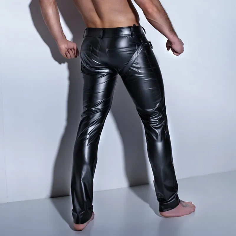 Erotic Men Faux PU Leather Pants Male Wetlook Latex Trousers Open Front Exotic Clubwear Gay Fetish PVC Pants Clubwear Costume