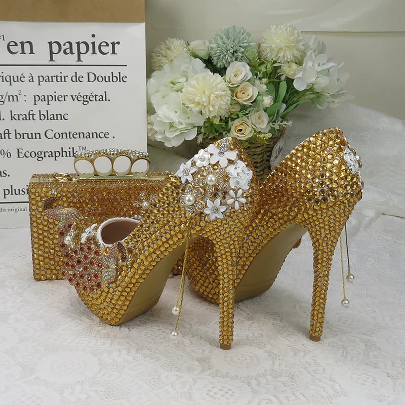 NEW Arrivals Golden Party Dress Shoe with Matching Bag Purse Crystal Wedding Shoes Bride Women's High Heel Platform Shoe High Pumps Purse Female Ladies Luxury Fashion Apparel Accessories Sets Clothing Products