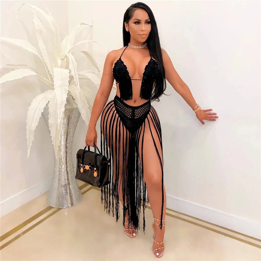 NEW 2PCS Set 5 Colors Sexy Knitted Swimwear Women Backless Crop Top and Tassel Long Skirts Sets Summer Beach Vacation Party Club Outfits