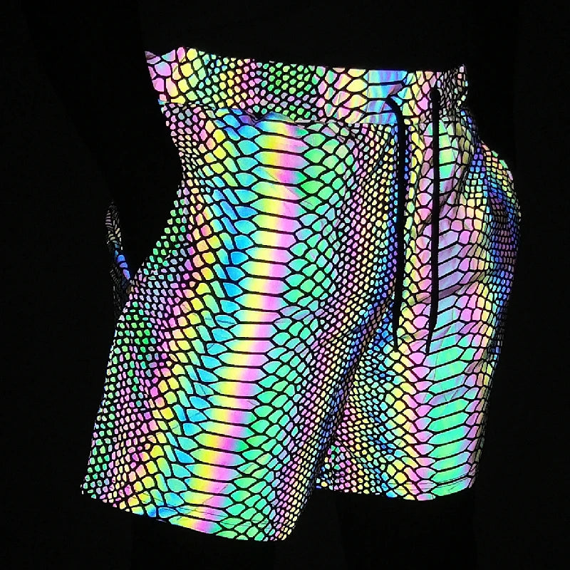 NEW Arrivals Harajuku Japanese Summer Shorts Men Jogger Reflective Safety Trouser Snakeskin Drawstring Elastic Waist Cycling Gym Shorts With Pockets Rave Party Summer Beach Party Shorts