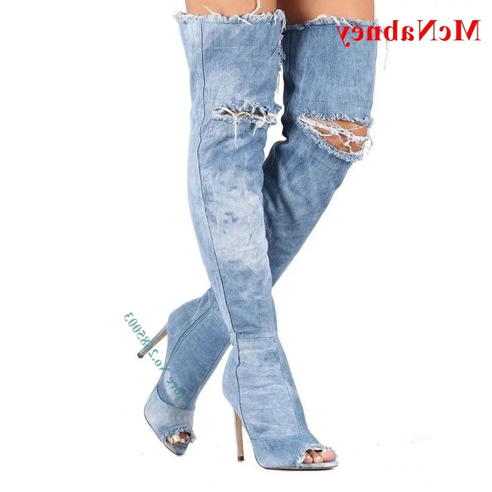 Denim Cut Outs Peep Toe Boots Thin High Heel Over The Knee Side Zipper Solid Sexy Lady Spring Autume Party Dress Boots Shoes