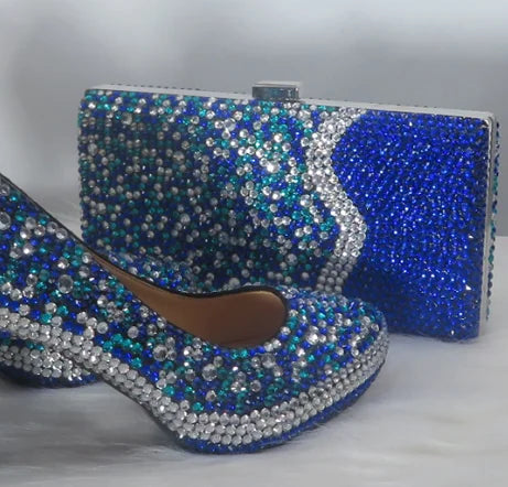 NEW Luxury Royal Blue Mix Silver Crystal Wedding Shoes Sets with Matching Bags Women High Pumps Round Toe Evening Party Night Business Dinner Shoes Female Ladies Luxury Fashion Apparel Accessories Clothing Products