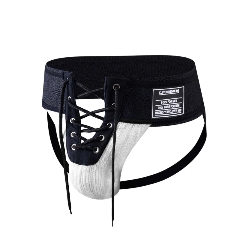 Adult CLEVER-MENMODE Sexy Thong Men Jockstrap Underwear Lacing Penis Pouch Lingerie Open Front G String Lace Up Underpants Erotic
