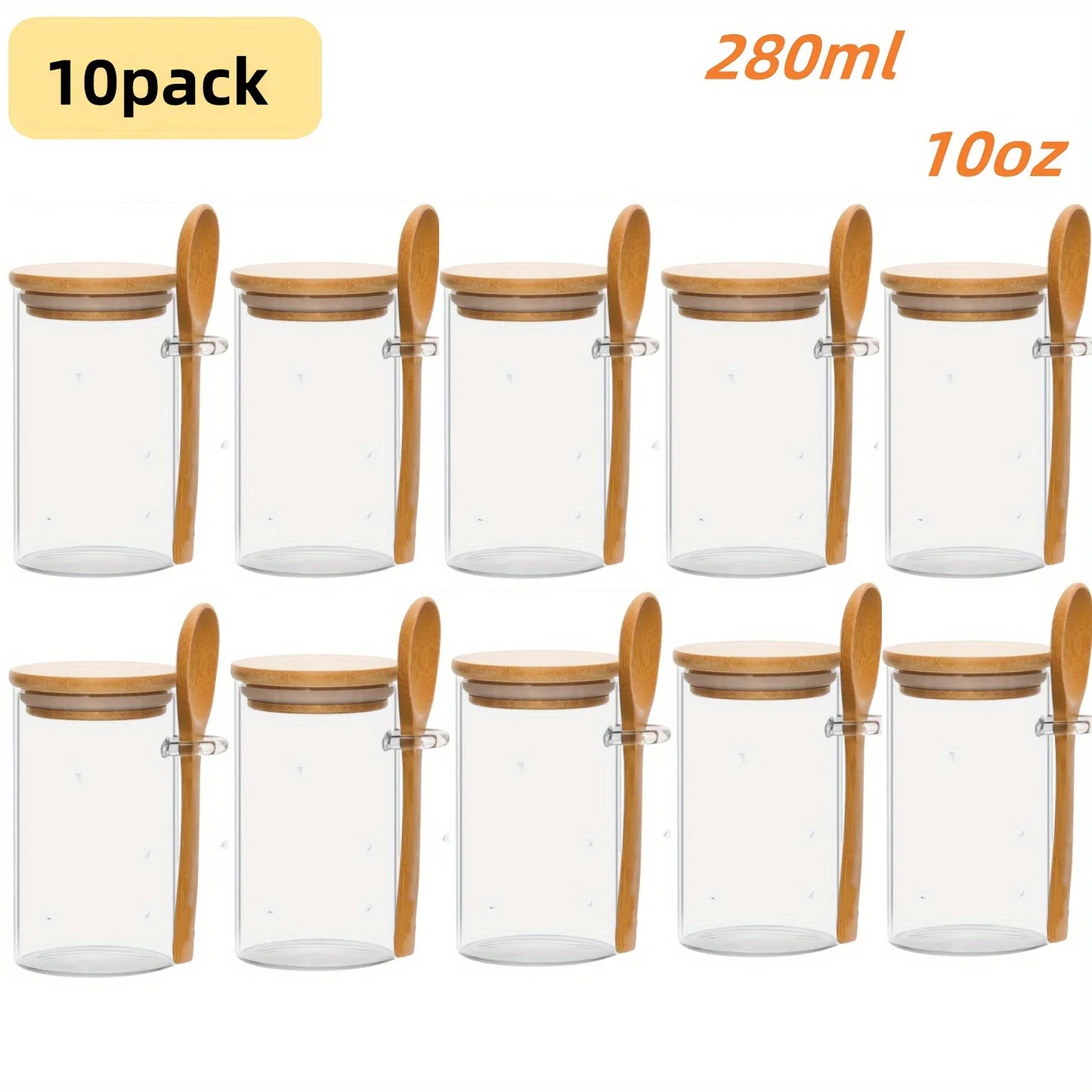 NEW Arrivals 10 PCS Set 10oz Bamboo Wood Lids and Spoons High Borosilicate Glass Food Storage Tank Kitchen Grain and Spice Storage Tank Containers Kitchenware Accessories Preparing Cooking Tools Sets
