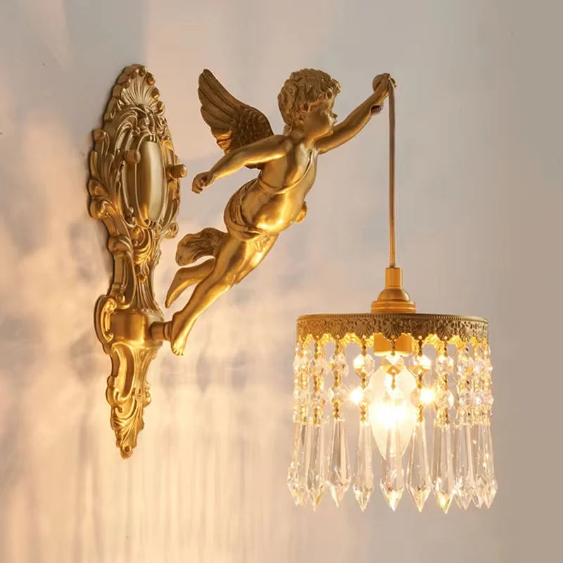 NEW French Retro All Copper Angel Wall Lamp, Vintage Living Room Bedroom Study, Retro Light Luxury Crystal Brass Lighting Fixture