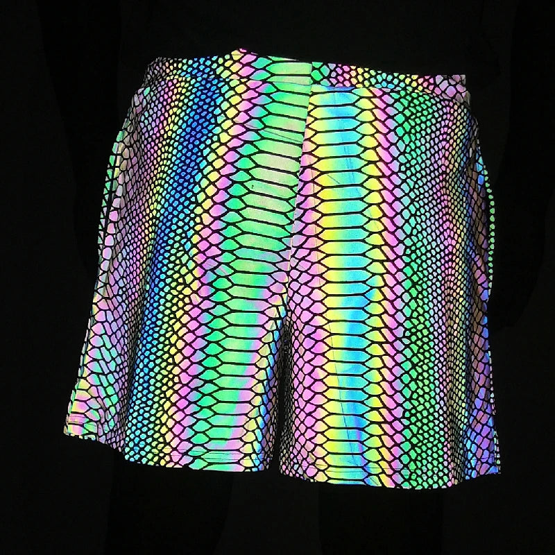 NEW Arrivals Harajuku Japanese Summer Shorts Men Jogger Reflective Safety Trouser Snakeskin Drawstring Elastic Waist Cycling Gym Shorts With Pockets Rave Party Summer Beach Party Shorts