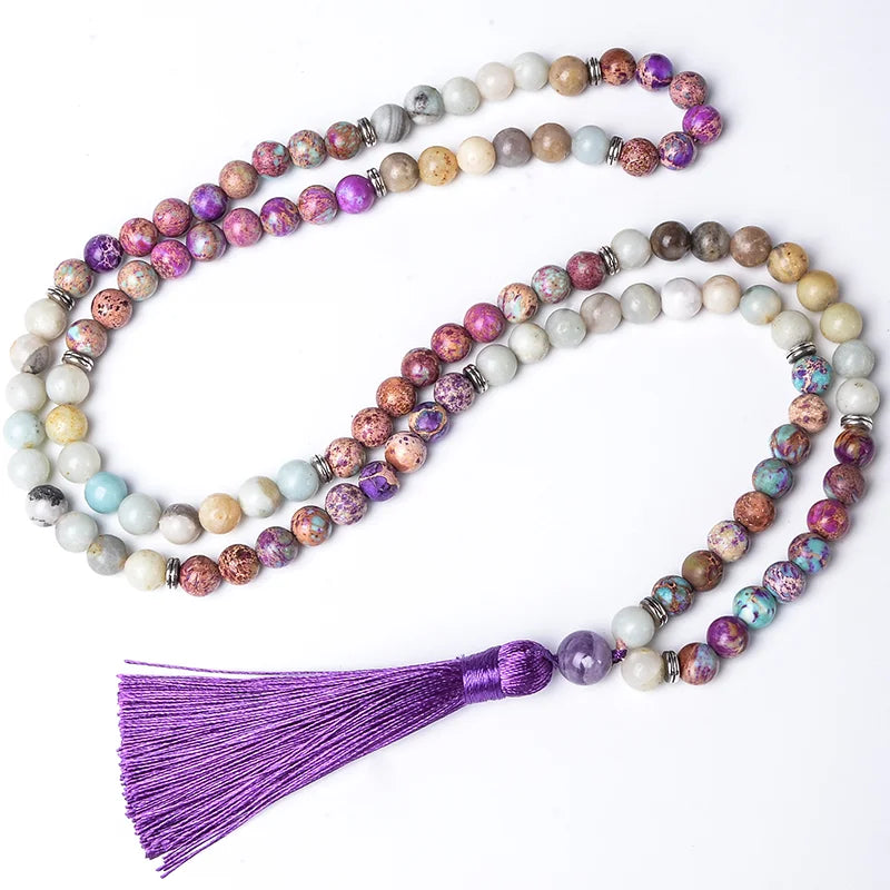 NEW Arrivals 2PCS Tibetan Traditional Set 108 Natural 8mm Emperor Jasper Amazonite Stone Beaded Mala Necklace Meditation Yoga Blessing Healing Jewelry Bracelet Rosary Set
