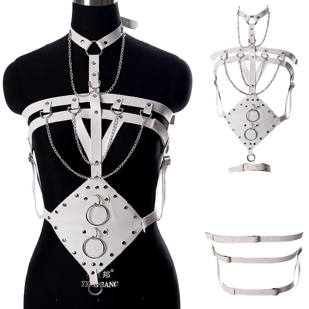 NEW Gothic White Leather Full Body Harness Bra Cage Punk Waist Pole Party Dance Rave Strap Bondage Garter Belt Adjust Size Sexy Lingerie Fashion Clothing Supplies