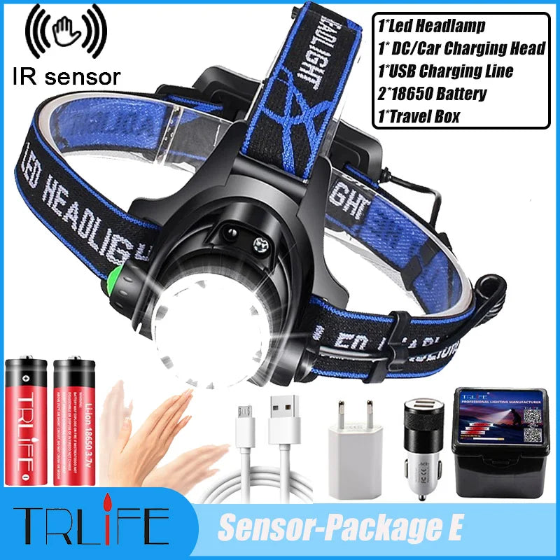 NEW Arrivals Motion Sensor Super 15000LM LED Headlamp T6/L2/V6 Zoomable Head lamp Flashlight Torch Headlight Lantern With LED Bulbs Lithium ION Battery Outdoor Camping Fishing Night Hiking Cycling