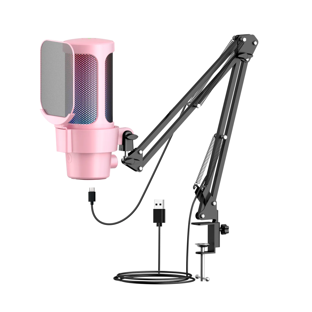 Professional USB/Type-C Metal Condenser Microphone Adjustable Boom Arm RGB Lighting One-Touch Mute Gain Control for Live Streaming Podcast