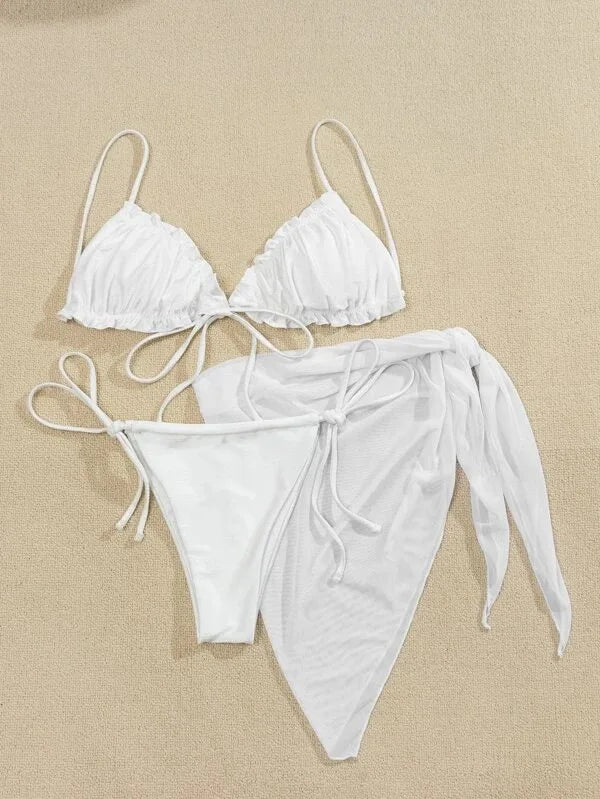 NEW 3PCS Set 4 Colors Sexy Bikini Set with Cover Up Beach Dress Solid Push Up Biquini Brazilian Swimwear Women Thong Bikinis Ladies Sexy Swimwear Suit
