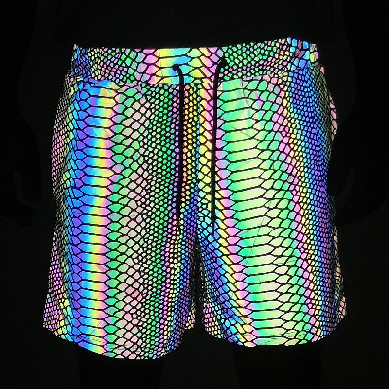 NEW Arrivals Harajuku Japanese Summer Shorts Men Jogger Reflective Safety Trouser Snakeskin Drawstring Elastic Waist Cycling Gym Shorts With Pockets Rave Party Summer Beach Party Shorts