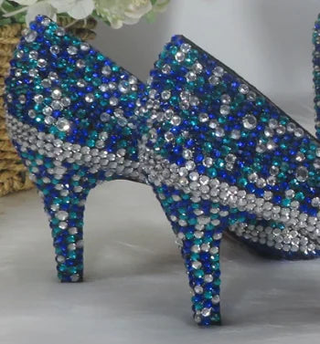 NEW Luxury Royal Blue Mix Silver Crystal Wedding Shoes Sets with Matching Bags Women High Pumps Round Toe Evening Party Night Business Dinner Shoes Female Ladies Luxury Fashion Apparel Accessories Clothing Products