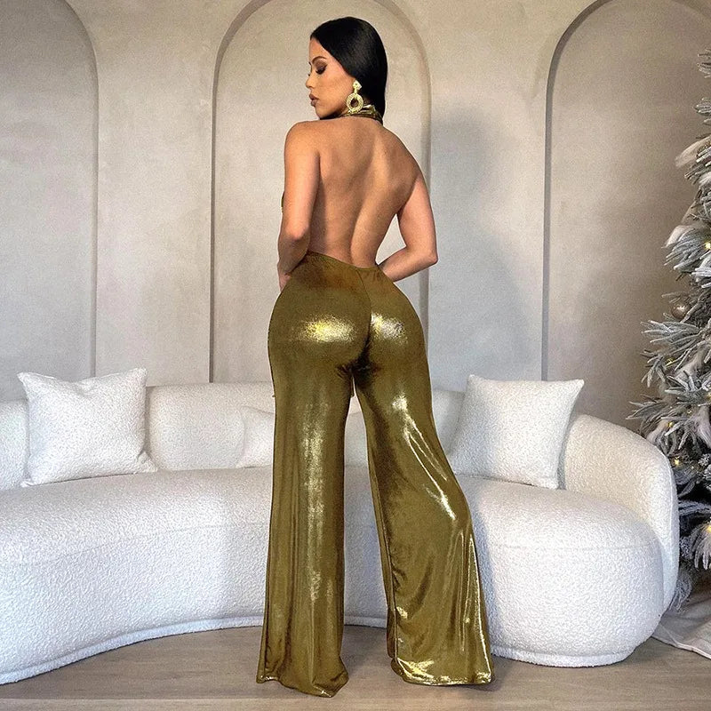 NEW Arrivals Spring Summer Women's Dew Back Hanging Neck Golden Jumpsuit Evening Party Night Clubwear Sexy Bodycon