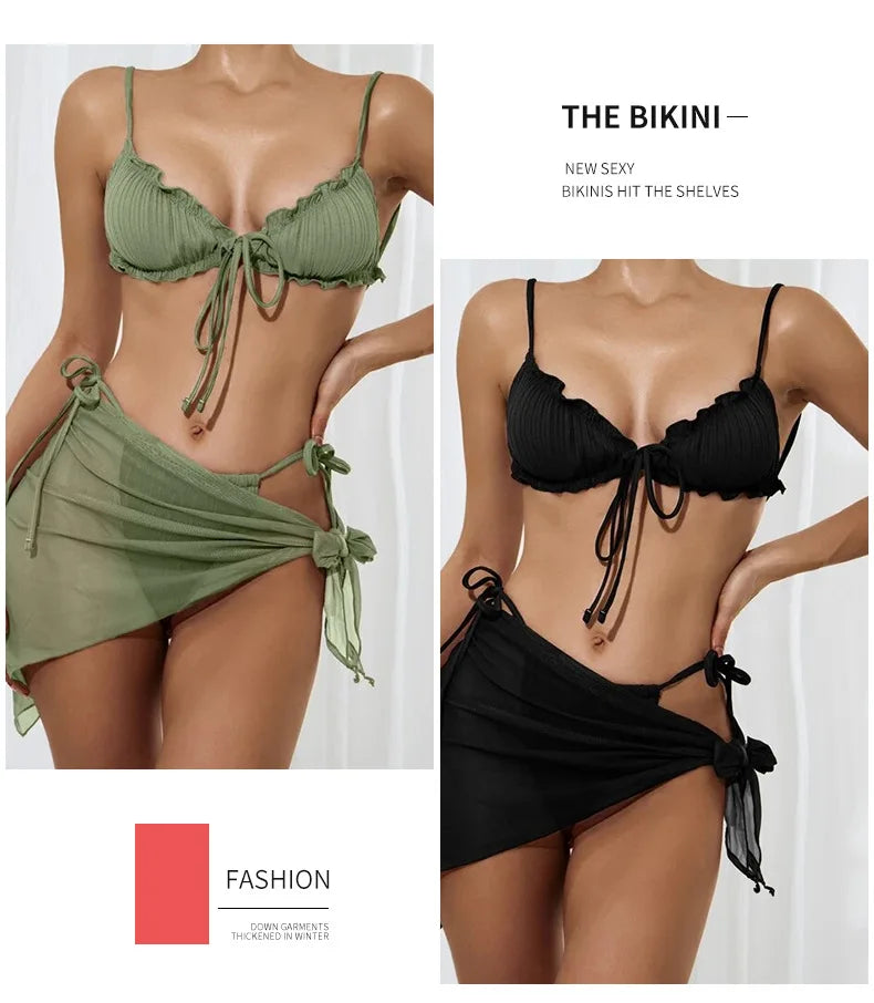 NEW 3PCS Set 4 Colors Sexy Bikini Set with Cover Up Beach Dress Solid Push Up Biquini Brazilian Swimwear Women Thong Bikinis Ladies Sexy Swimwear Suit