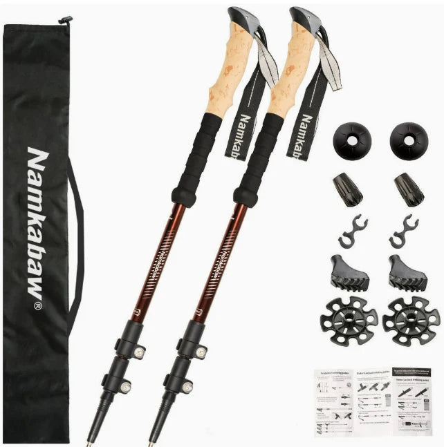 2 PCS Set Modern Durable Portable Outdoor Aluminum Alloy 3-Section Adjustable Length Telescopic Hiking Walking Stick Wood-Like Handle Climbing Walking Hiking Sports Activities Accessories