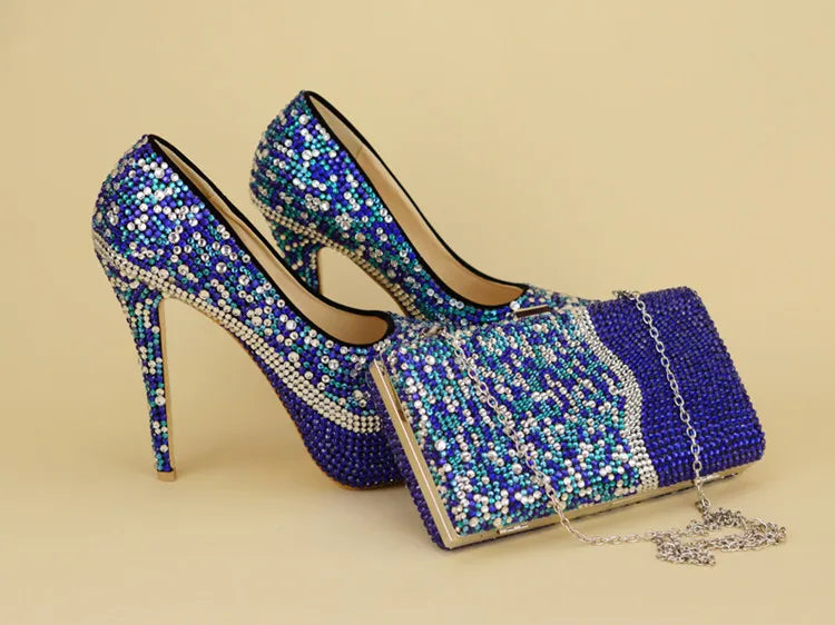 NEW Luxury Royal Blue Mix Silver Crystal Wedding Shoes Sets with Matching Bags Women High Pumps Round Toe Evening Party Night Business Dinner Shoes Female Ladies Luxury Fashion Apparel Accessories Clothing Products
