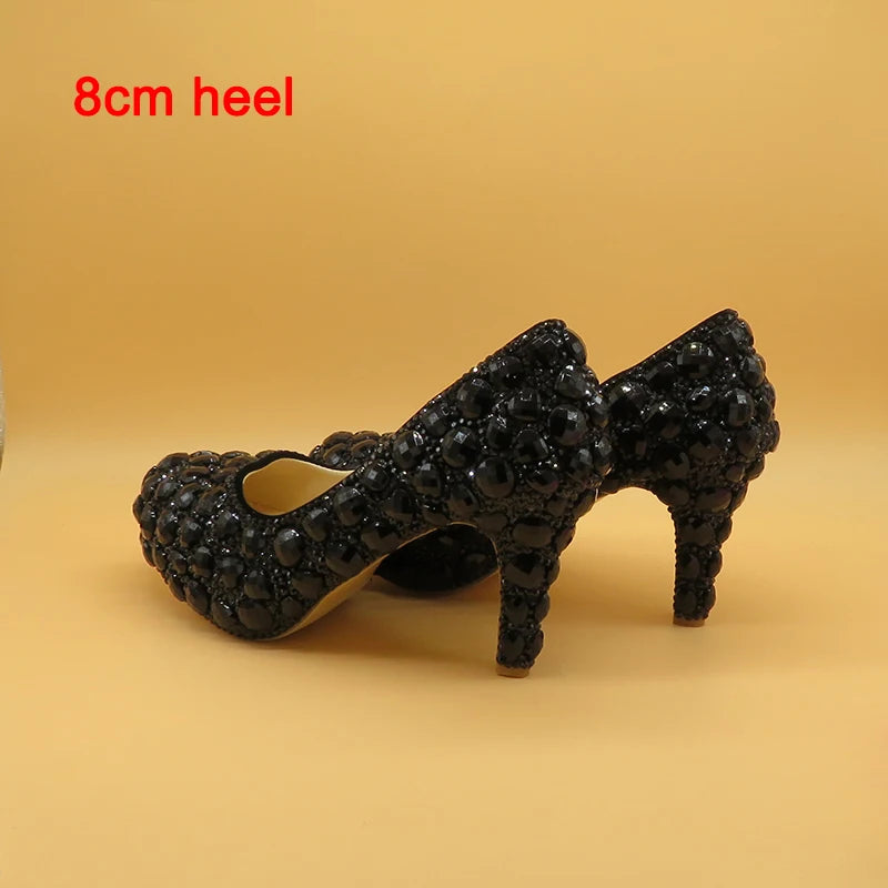 Luxury Black Crystal Wedding Shoes Set with Matching Bags Woman Fashion Diamonds Shoes 8CM-11CM-14CM High Heels Platform Plus Size Ladies Luxury Fashion Apparel Accessories Clothing Supplies