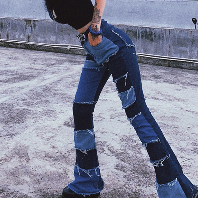Flexible High Waist Jeans Women Casual Long Trouses Ladies Patchwork Fashion Denim Pants Capris Pocket Streetwear