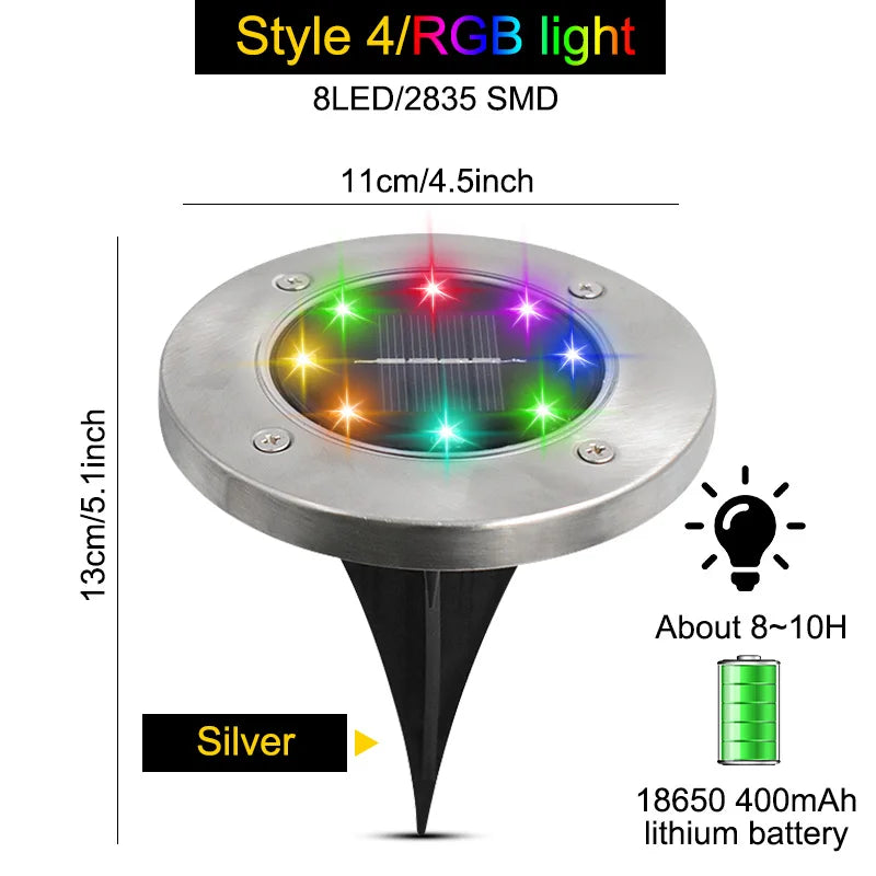 NEW 4PCS Set Solar Powered Ground Colorful RGB/White/ Warm White Light Waterproof Garden Pathway Deck Lights With 8 LEDs Solar Lamps for Home Yard Driveway Lawn Road